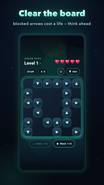 A level in progress: arrows on a dark grid, with hearts and coins in the header.