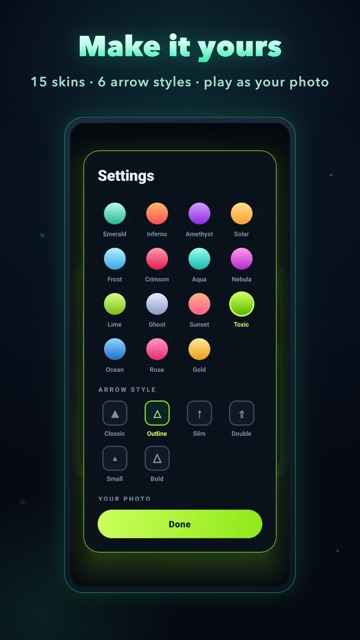 The settings screen showing fifteen serpent colour skins and six arrow styles.
