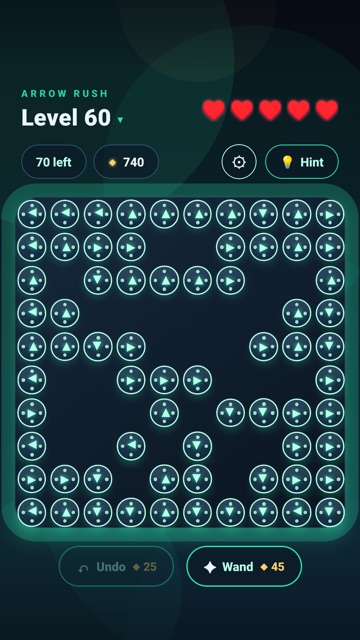 An Arrow Rush level in play: a grid of glowing arrows, several ringed Compass arrows mid-spin.